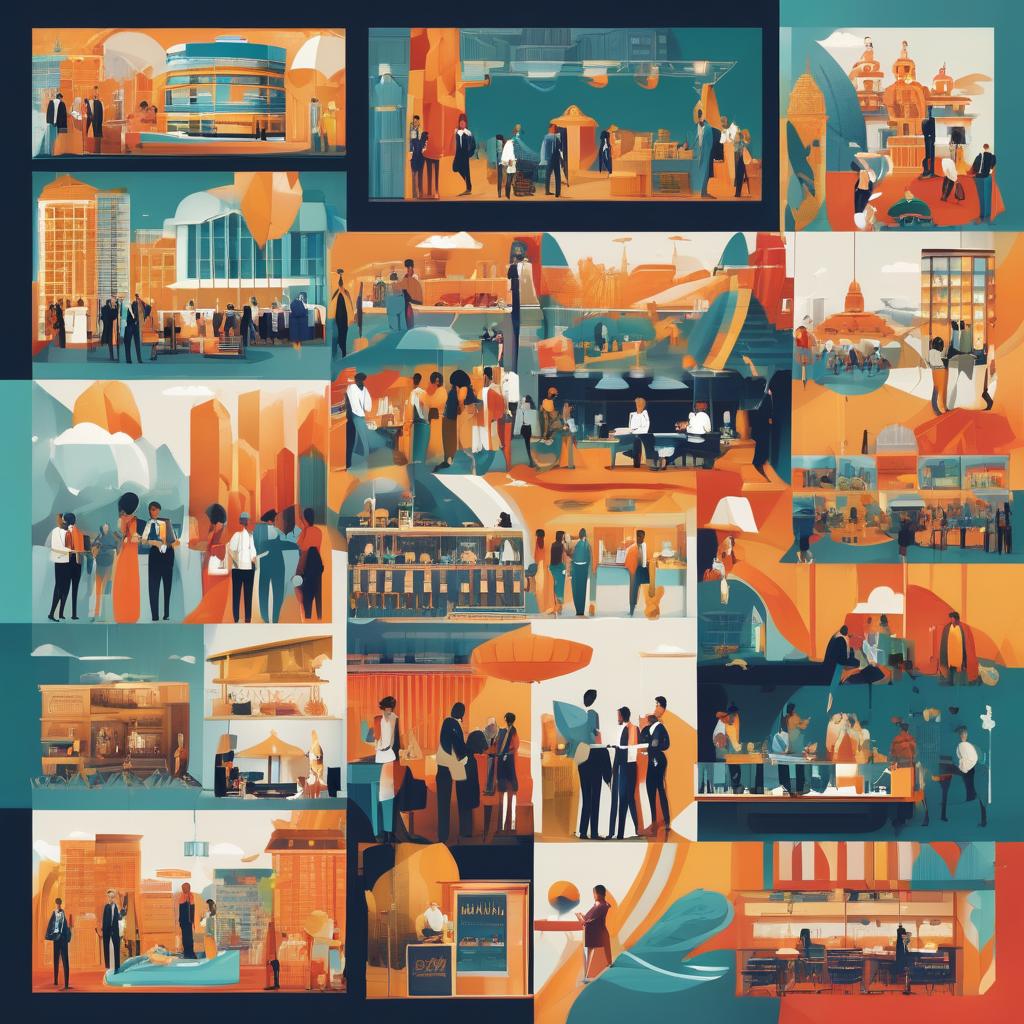 A vibrant montage showcasing various hotels, intricate vendor products displayed attractively, and networking events filled with diverse professionals engaging and collaborating.